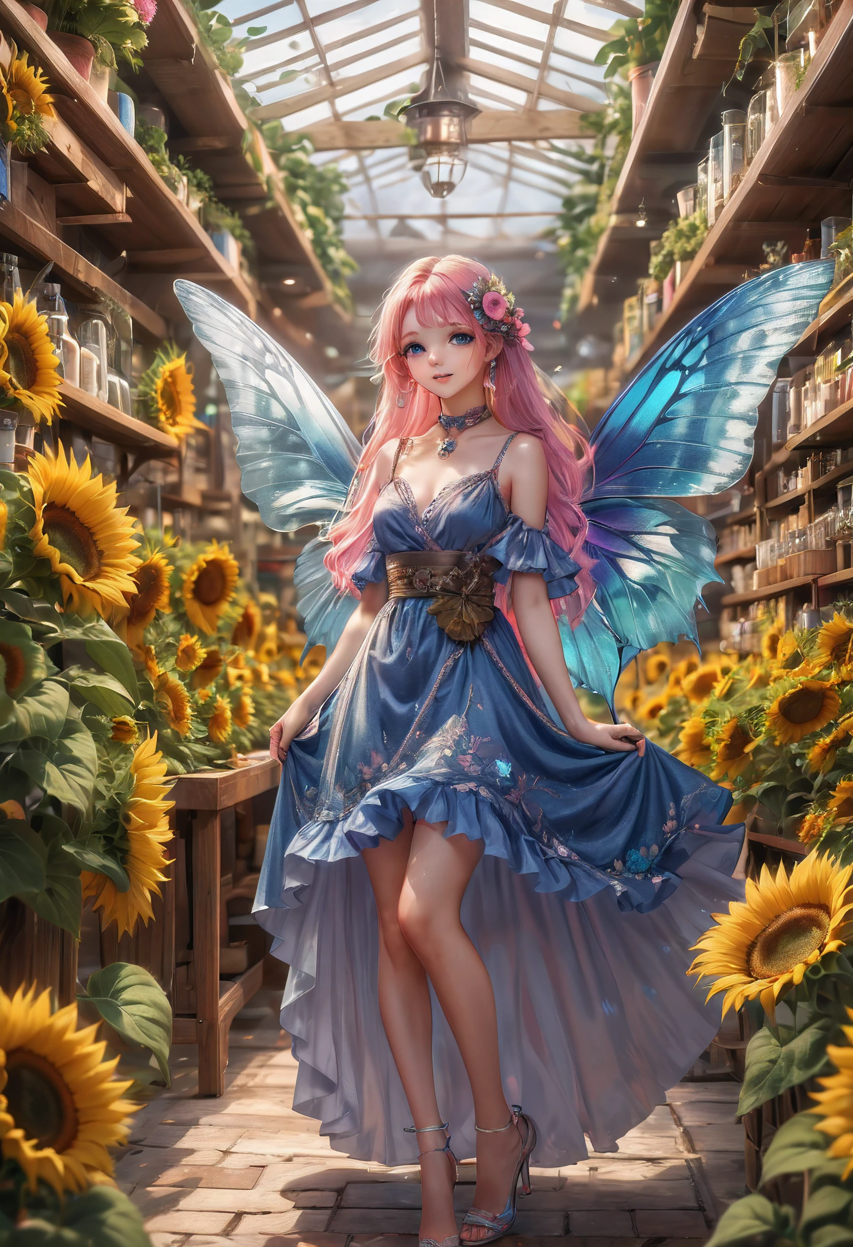 high details, best quality, 16k, RAW, [best detailed], masterpiece, best quality, (extremely detailed), GlowingRunes_red, full body, ultra wide shot, photorealistic, fantasy art, RPG art, D&D art, a picture of a fairy selling sunflowers in a florist shop, extremely beautiful fairy, ultra feminine (intense details, Masterpiece, best quality), butterfly wings (intense details, Masterpiece, best quality), blue and green wings (intense details, Masterpiece, best quality), light pink hair, long hair, shinning hair, flowing hair, shy smile, innocent smile, blue eyes, wearing bright skirt, dynamic elegant shirt, chocker, wearing high heels, in flower shop (intense details, Masterpiece, best quality), extreme many (sunflowers: 1.3) (intense details, Masterpiece, best quality), sunflower shop in a modern era street, High Detail, Ultra High Quality, High Resolution, 16K Resolution, Ultra HD Pictures, Ultra Realistic, Clear Details, Realistic Detail, Ultra High Definition