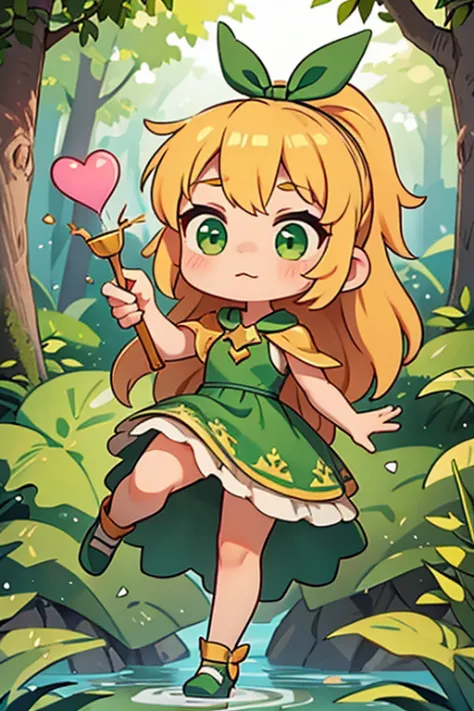 a female character, girl, golden hair, wear a green dress, a dark green cape with a golden bow, and a hot-pink heart-shaped pend...