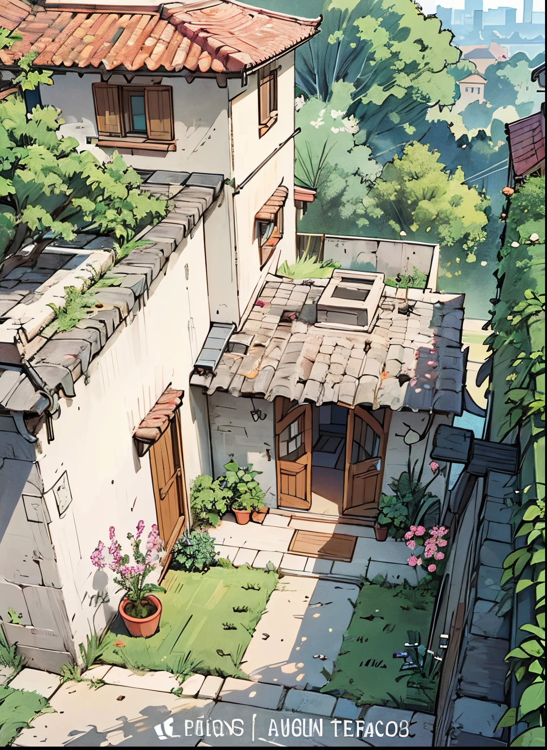 Patio of a house. grass and plants. anime background