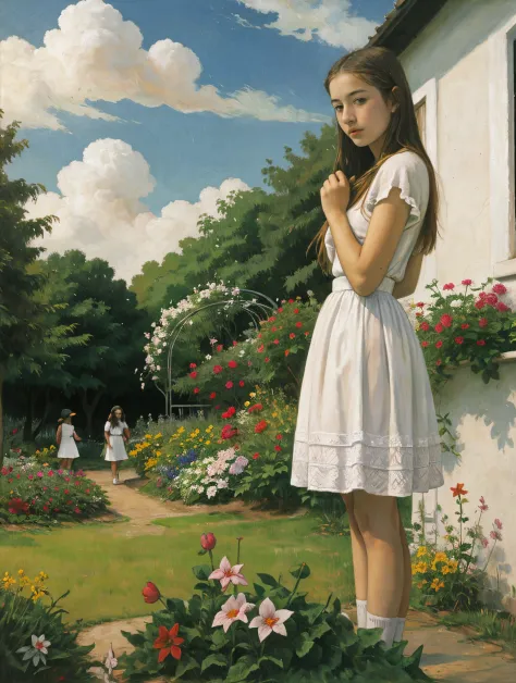 trpical garden，Skysky，Teenage girl in white dresonet