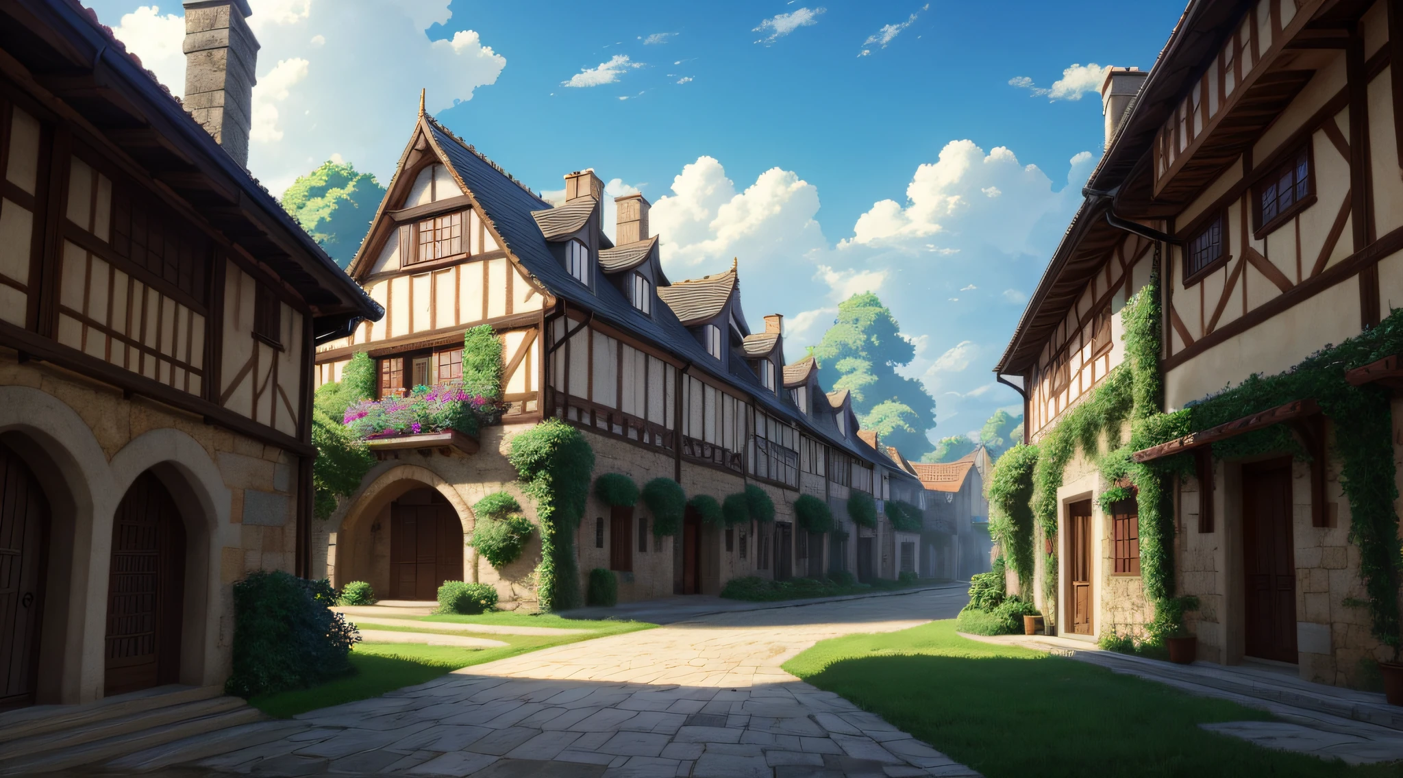 4K, actual, The content is very detailed, wide wide shot, Humid medieval town, A vibrant one, Dream plants, A big house, Makoto Shinkai's style, anime backgrounds, concept-art, (No characters appear), Luzes Realistas, Epic work, diffuse, (tmasterpiece, Best quality), hyper HD, 32K --v 6