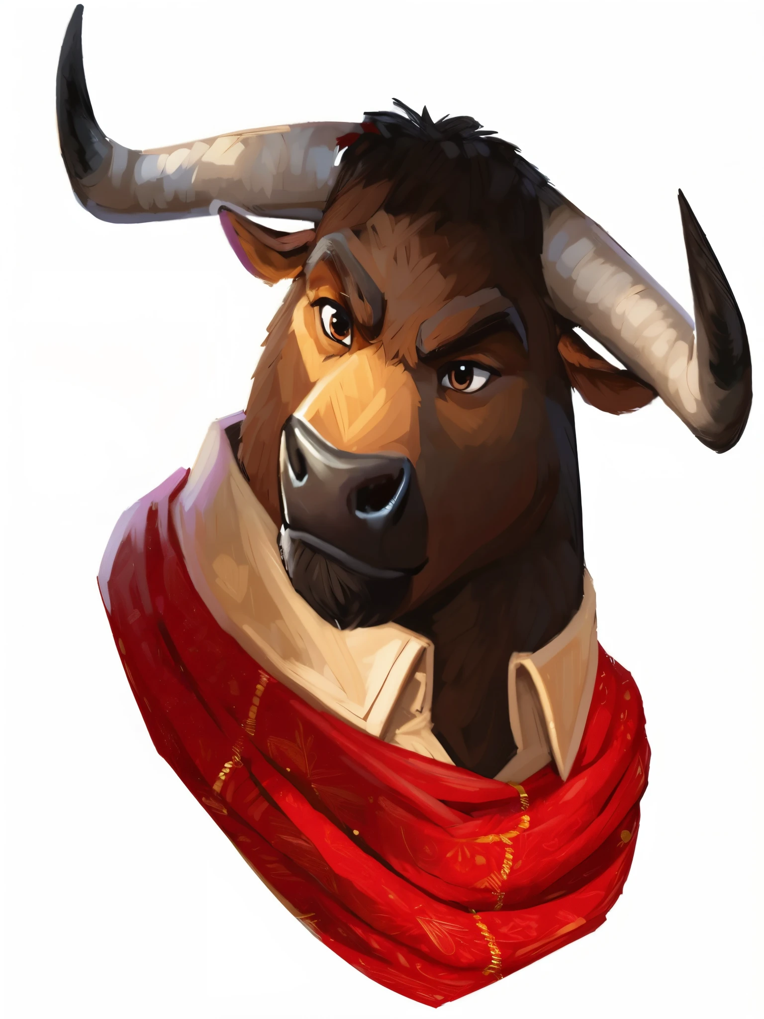 There is a bull's head，Tie a red scarf around, cow head, Human dressed as bull, anthro bull, depicted as a pixar character,  A bull, taur,  as a pixar character, similar to a bull\'s, ideal pixar character