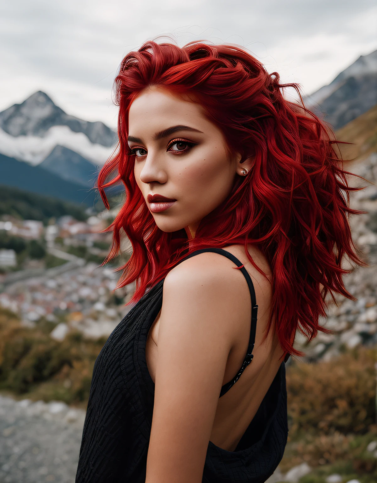beautiful girl, full body portrait, short bright red disheveled hair, black eyeshadow, (street style wear:1.2), (Mountains in Background:1.2), , dark makeup, digital art, trending on artstation, highly detailed, fine detail, intricate,  beautiful detailed glow, detailed, Cinematic light, highres, detailed facial features,sharp focus, smooth, aesthetic, happy, relaxed
