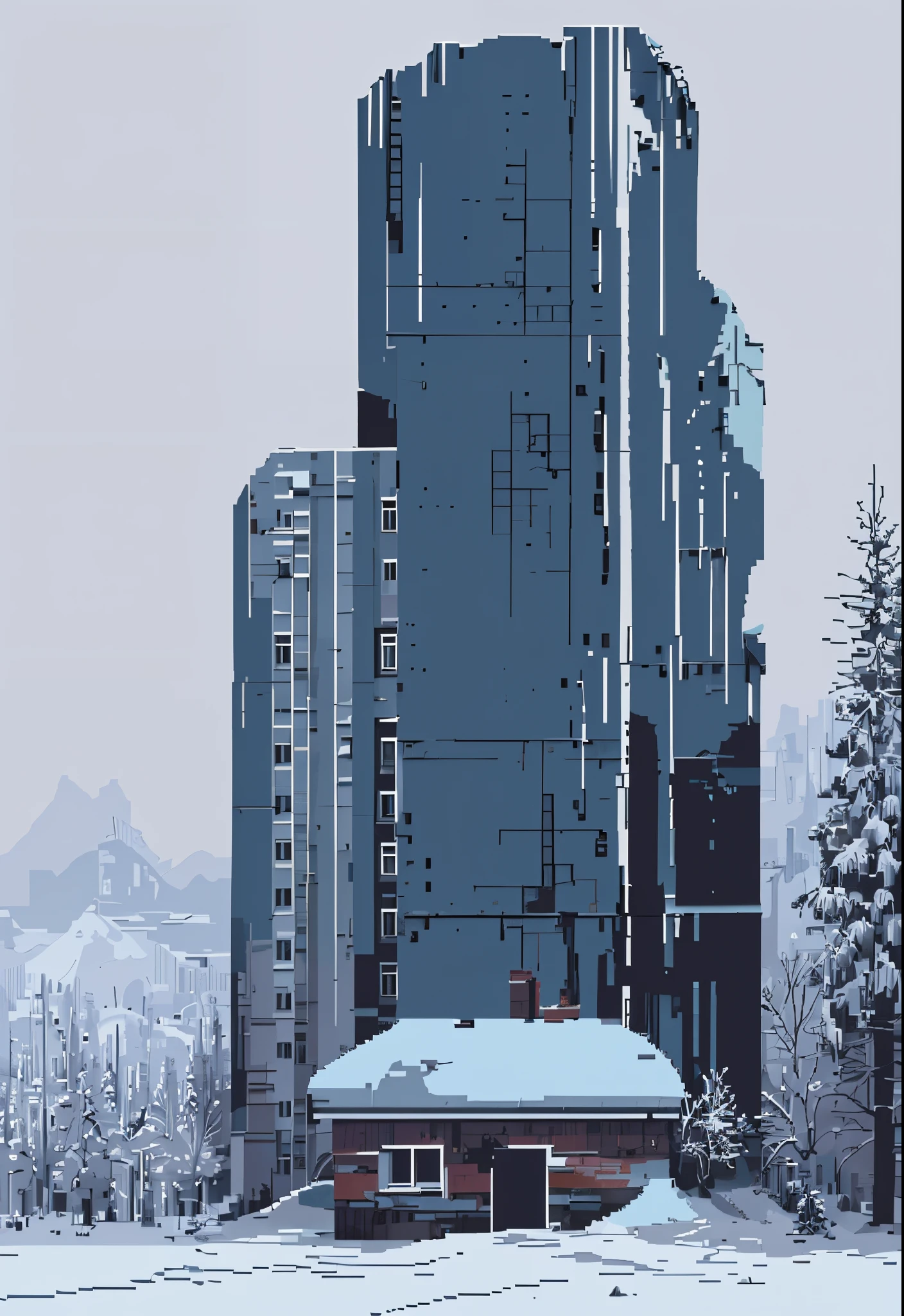 pixel art, building, 1 building, snow, ruin