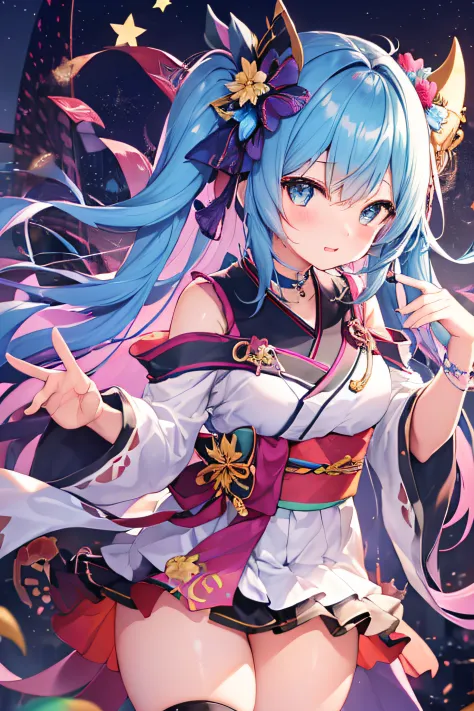 ​masterpiece、Top image quality、超A high resolution、miku hatsune、blue hairs、Twin-tailed、Blushing、Cute and shy、Short kimono、well-sh...