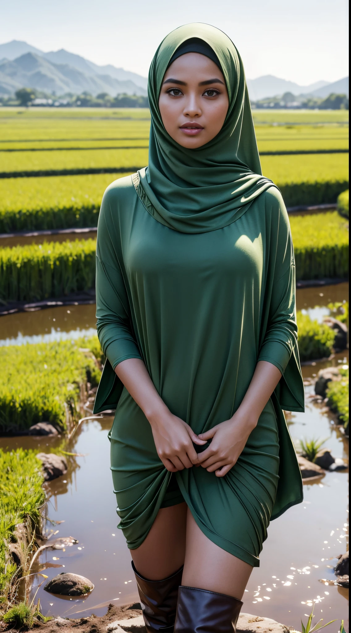 A close up of a woman in a green dress and boots - SeaArt AI