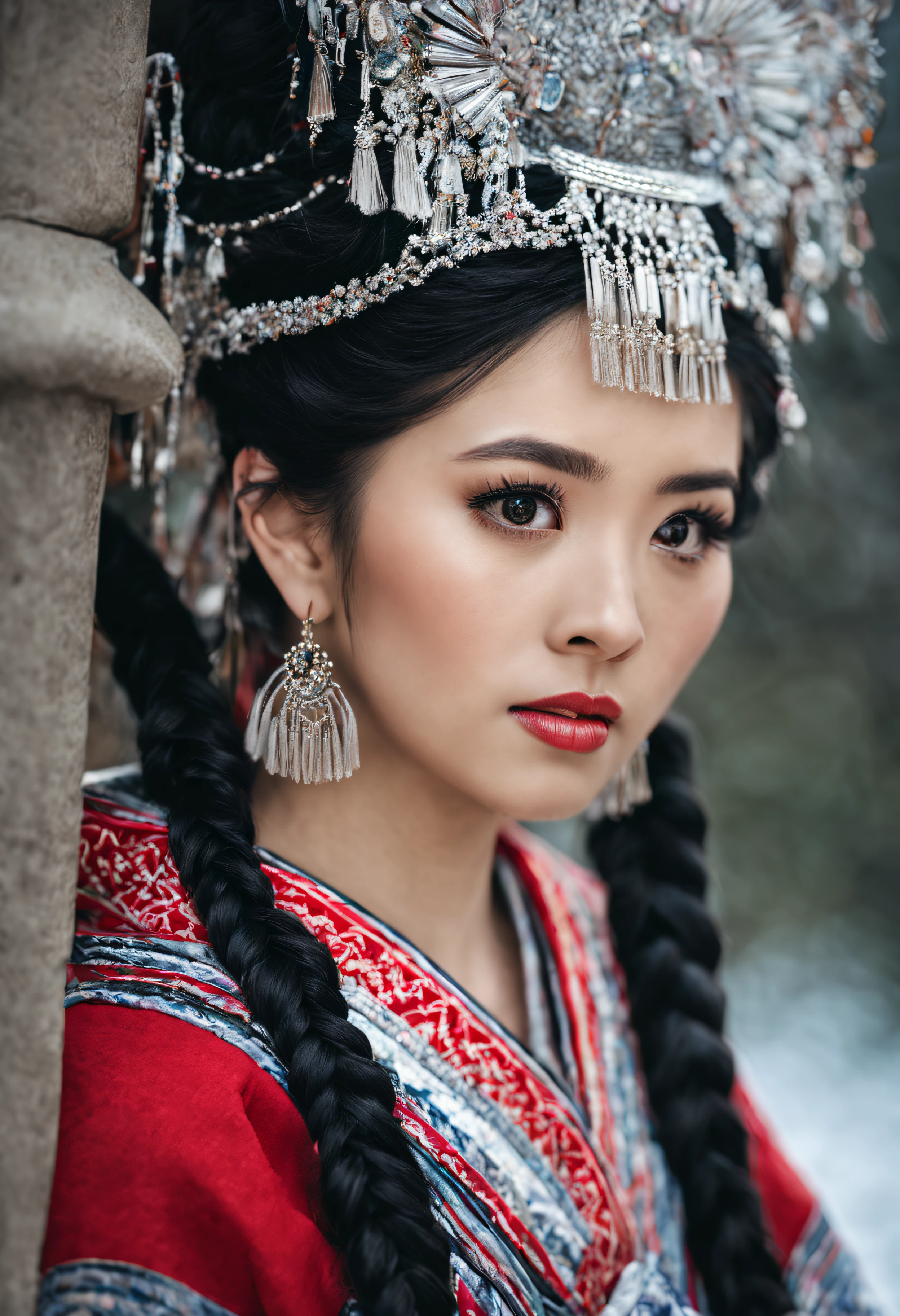 HDR,UHD,8K, best quality, masterpiece, absurdres,extremely detailed, miaoyuansu, hmong, miao8, 1girl, solo, black hair, realistic, braid, long hair, jewelry, earrings, twin braids, upper body, looking at viewer, multiple braids, hair ornament, blurry, traditional clothes, hat, blurry background, portrait, makeup, headdress, japanese clothes, kimono, eyelashes,