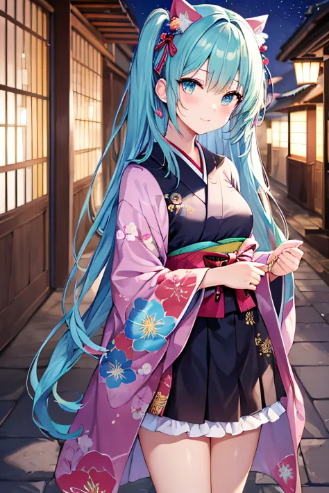 ​masterpiece、Top image quality、超A high resolution、miku hatsune、blue hairs、Twin-tailed、Blushing、Cute and shy、Short kimono、well-shaped thighs、kyoto、Japan、Night