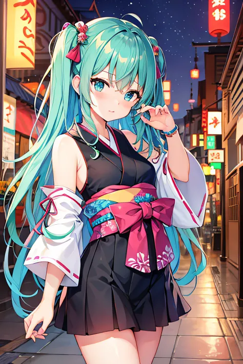 ​masterpiece、Top image quality、超A high resolution、miku hatsune、blue hairs、Twin-tailed、Blushing、Cute and shy、Short kimono、well-sh...
