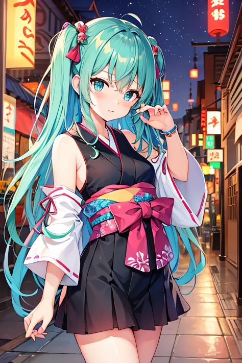 ​masterpiece、top image quality、超a high resolution、miku hatsune、blue hairs、twin-tailed、blushing、cute and shy、short kimono、well-sh...