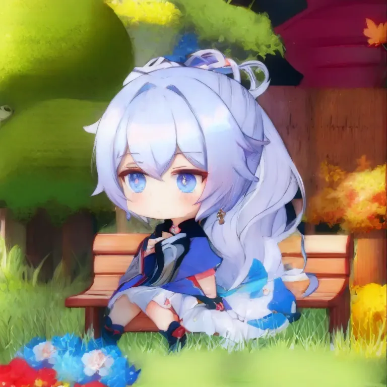 Anime girl sitting on bench，There is a cat next to it, Maple Leaf Story character art, MapleStory, splash ink art anime loli, Ma...