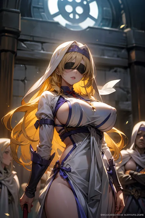 , beautiful girl, raiden from goblin slayer, beautiful, sexy, tall, yellow hair, white clothes, big boobs, sword, cinematic, dramatic pose, Wearing blindfold, , goblins