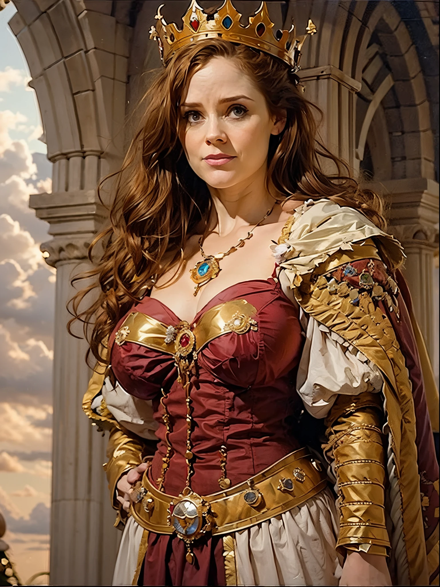 (Réaliste, 4k) 1fille (Sophie Rundle), jeune, cheveux roux, ((aux seins nus, Des seins énormes, seins affaissés, énorme affaissement, grandes aréoles roses, petits mamelons)), portant une cape royale rouge et une couronne. traits du visage détaillés, sourire discret et malicieux, Face au spectateur. Posture imposante, contrasté, vue complète du corps. contexte médiéval. peinture à l&#39;huile