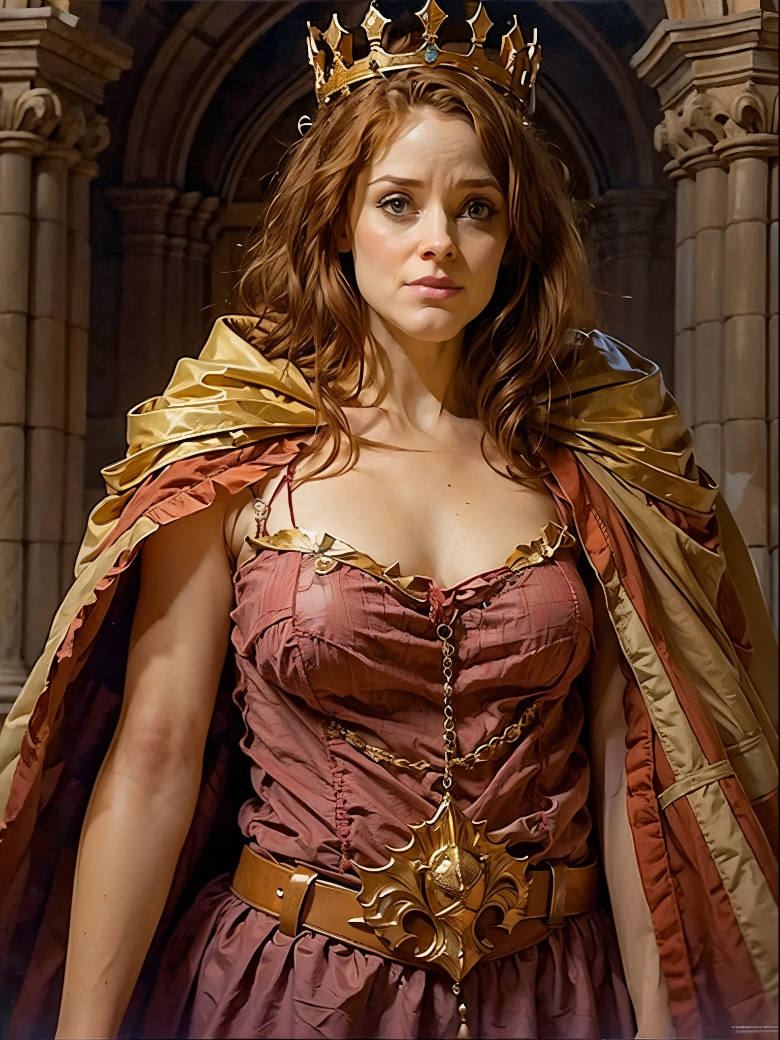 (realistic, 4k) 1girl (Sophie Rundle), young, red hair, (topless, huge breasts, sagging breasts, huge sagging, large pink areolas, small nipples), wearing a red royal cape and a crown. Detailed facial features, malicious discrete smile, facing the viewer. Imponent posture, contrapposto, full body view. Medieval background. Oil painting