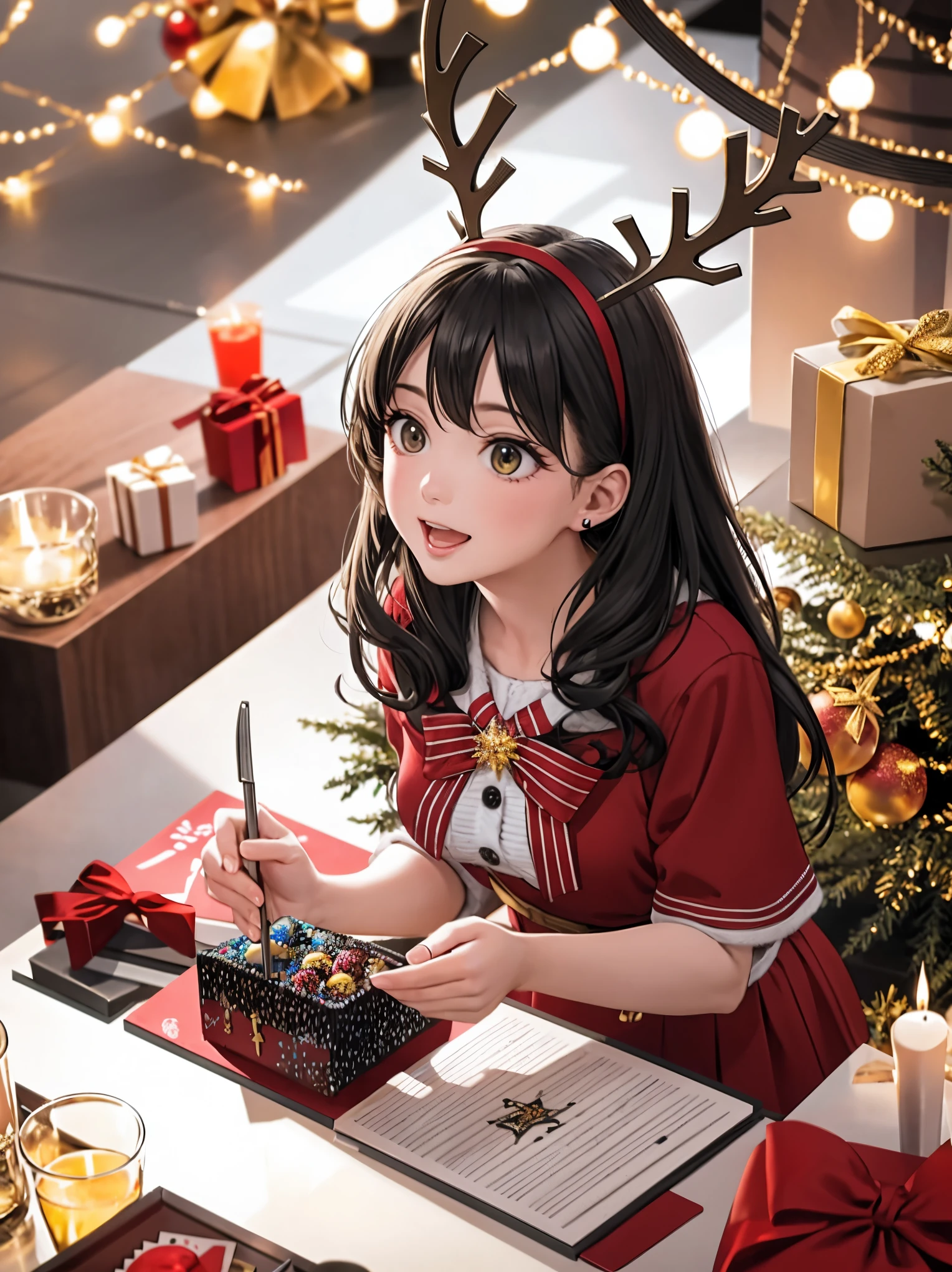 (best quality,4k,8k,highres,masterpiece:1.2),ultra-detailed,realistic,gifts,table,Christmas tree,decorations,wrapping ,bows,ribbon,presents,holiday spirit,vibrant colors,warm lighting,cozy atmosphere,toys,cards,candles,snowflakes,joyful,celebration,exquisite details,exciting surprises,shiny ornaments,sparkling tinsel,beautifully wrapped,excited children,anticipation,festive mood,magical ambiance,delightful moment,wonderful memories,family gathering,cheerful faces,Christmas magic,extravagant,abundance of presents,HDR,UHD,studio lighting,ultra-fine painting,sharp focus,physically-based rendering,professional,vivid colors,bokeh.