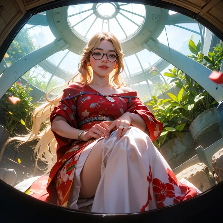 ( Masterpiece, best quality , shot from below , 75mm lens, fisheye:1.2 ), ((pov from below:1.4)), (( beautiful, luxurious, greenhouse dome:1.5, glass panels, plants of colours, vibrant , extreme high detailed, intricate details )). ( 1woman_/(kimtaeyeon/), narrow face, strong jaw, [plump cheeks], transparent glasses, dark hair with blonde highlights, loving smile, beautiful eyes, caring smile, wearing beach summer ootd ), ( cinematic lighting, backlit, soft light)