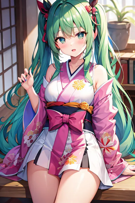 ​masterpiece、Top image quality、超A high resolution、miku hatsune、blue hairs、Twin-tailed、Blushing、is in estrus、mock、Open your mouth just a little、Short kimono、well-shaped thighs、kyoto、Japan、Night