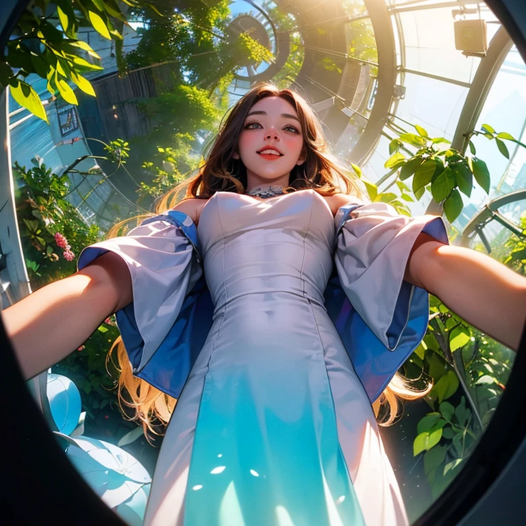 ( Masterpiece, best quality , shot from below , 75mm lens, fisheye:1.2 ), ((pov from below:1.4)), (( beautiful, luxurious, greenhouse dome:1.5, glass panels, plants of colours, vibrant , extreme high detailed, intricate details )). ( 1woman_/(kimtaeyeon/), narrow face, strong jaw, [plump cheeks], transparent glasses, dark hair with blonde highlights, loving smile, beautiful eyes, caring smile, wearing beach summer ootd ), ( cinematic lighting, backlit, soft light)