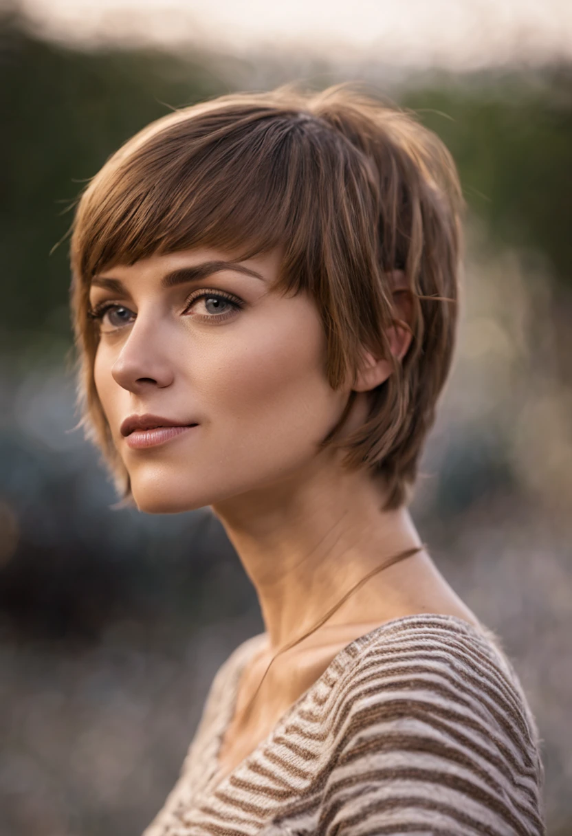 a half body portrait of a 28 years old white female, spanish woman, short hair light-brown hair, diagonal bangs, slicked-back hair, casual outfit, solo, rendered eyes, high resolution 8k, canon eos 5d mark iv 85mm iso 150, associated press