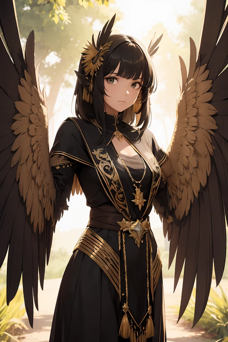 4k,高解像度,女性,ハーピー,ショートヘア,鷲の尾,大きな黒い黒い翼, 黒黒い羽, 腕,短いドレス,鷲の爪,茶色い肌.