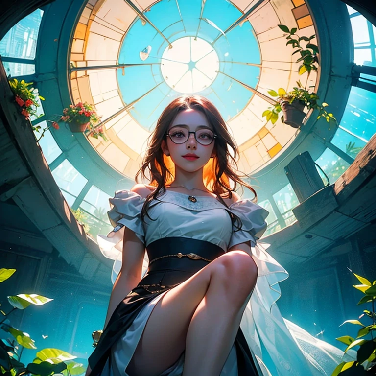 ( Masterpiece, best quality , shot from below , 75mm lens, fisheye:1.2 ), ((pov from below:1.4)), (( beautiful, luxurious, greenhouse dome:1.5, glass panels, plants of colours, vibrant , extreme high detailed, intricate details )). ( 1woman_/(kimtaeyeon/), narrow face, strong jaw, [plump cheeks], transparent glasses, dark hair with blonde highlights, loving smile, beautiful eyes, caring smile, wearing beach summer ootd ), ( cinematic lighting, backlit, soft light)