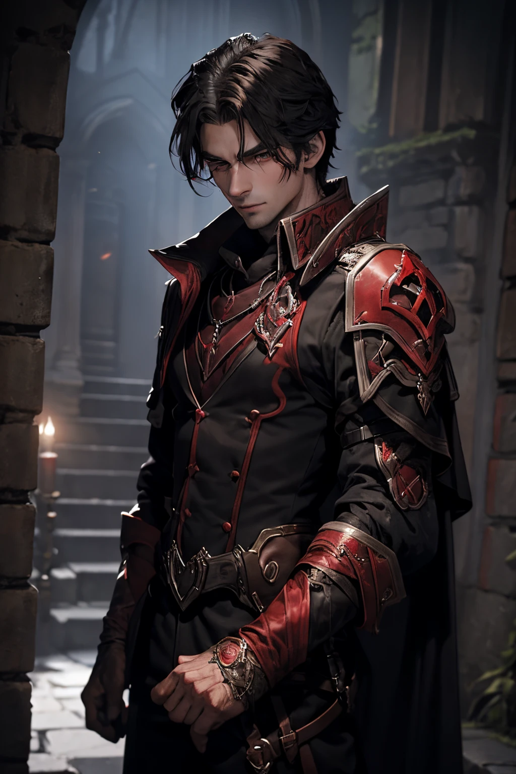 엄숙한 남성 담피르 혈액 사냥꾼이 밤 사냥을 준비하고 있습니다.. 독특한 뱀파이어 특성을 지닌 캐릭터를 상상해보세요, 어두운 검정색과 빨간색 갑옷을 입고 두 개의 붉은 검을 들고