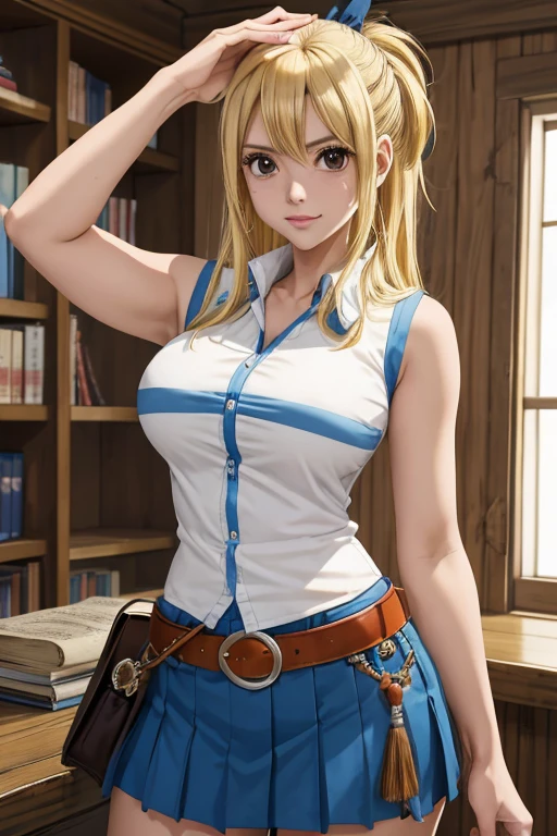 1girl, master part, best quality, highres, Lucy Heartfilia, blonde hair, long  hair, breasts big, white  shirt, sleeveless, belt, blue skirt, cowboy shot, Standing, Looking at Viewer, plein-air, waving, sorrido, gaping mouth,