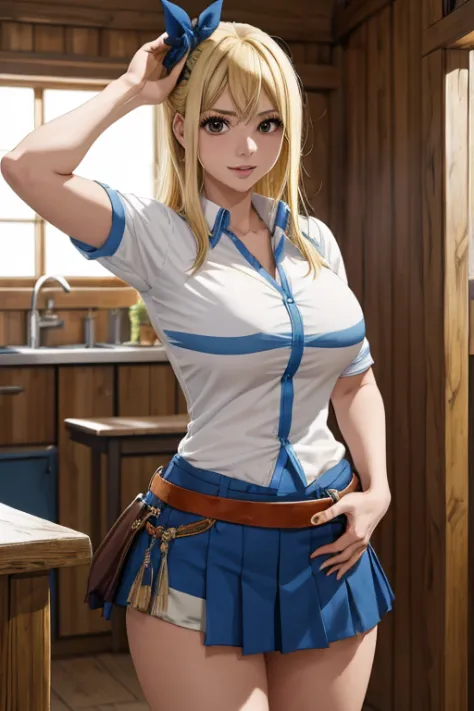 1girl, master part, best quality, Altas, Lucy Heartfilia, blonde hair, cabelos longos, seios grandes, camisa branca, Mangas, bel...