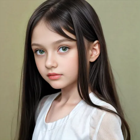 Menina russa de 10 anos, corpo pequeno e delicado, longos cabelos pretos e olhos verdes、textura natural da pele, Hiper-realismo, menina sonhadora