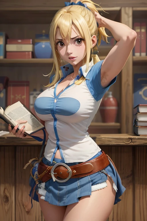 1girl, master part, best quality, highres, Lucy Heartfilia, blonde hair, long  hair, breasts big, white  shirt, sleeveless, belt, blue skirt, cowboy shot, Standing, Looking at Viewer, plein-air, waving, sorrido, gaping mouth,