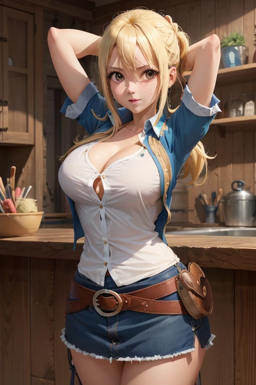 1girl, master part, best quality, Altas, Lucy Heartfilia, blonde hair, cabelos longos, seios grandes, camisa branca, Mangas, belt, saia azul, cowboy shot, Standing, Olhando para o Viewer, ao ar livre, Acenando, sorrir, boca aberta,