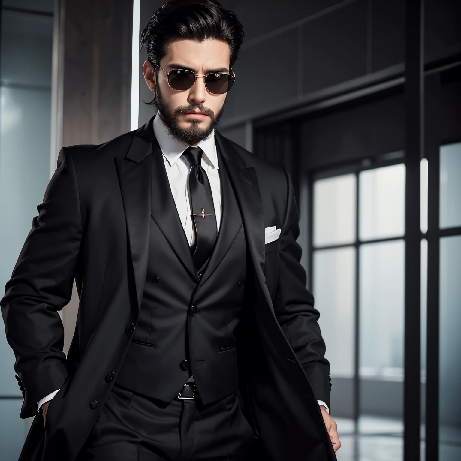 25 year old man, masculine feature, swept back black hair, muscular body, wearing 3 piece black suit with long coat jacket, long red tie, wearing expensive aviator glasses, stubble beard, facing towards the camera