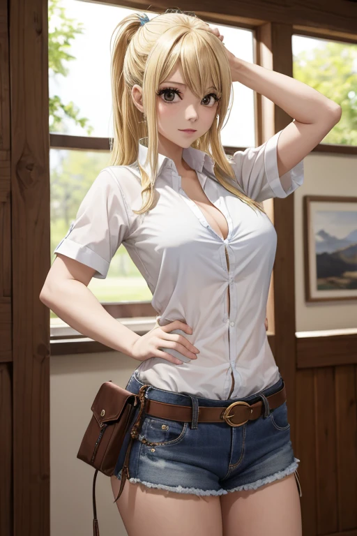 1girl, master part, sexy model pose,best quality, highres, Lucy Heartfilia, blonde hair, long  hair, breasts big, white  shirt, sleeveless, belt, blue skirt, cowboy shot, Standing, Looking at Viewer, plein-air, waving, sorrido, gaping mouth,
