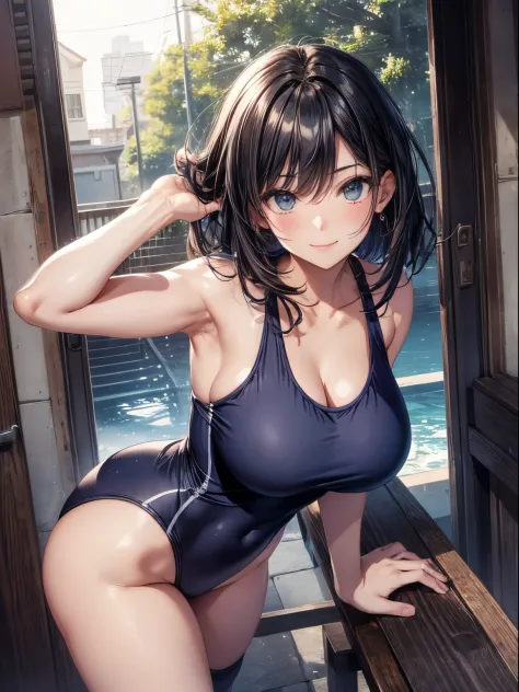top-quality、Full limbs、complete fingers、Slender beauty、Women with straight hair、Woman with dark hair、Shorthair woman、(Beautiful busty woman:1.3)、(Navy blue school swimsuit)、A big smile、Naughty Poses