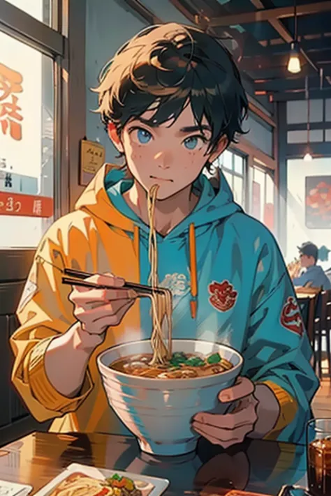 4K, High quality, Young man eating ramen, Perspective, Hand holding chopsticks, Clear hands, Good hands,Food Hoodie,