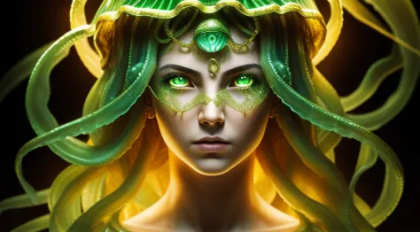 ((jellyfish)), Greek mythology ((Hair is golden, short Greek dress)), (green snake eyes), female face, High, detailized face, hi...