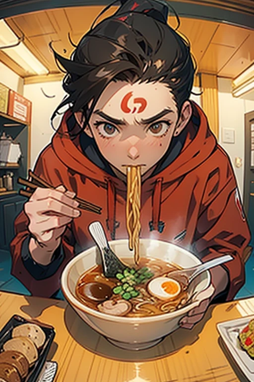 4K, High quality, Young man eating ramen, Perspective, Hand holding chopsticks, Clear hands, Good hands,Food Hoodie,Forehead,base of ear,dark brown  hair,