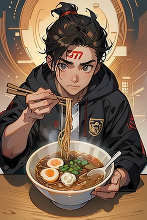 4K, High quality, Young man eating ramen, Perspective, Hand holding chopsticks, Clear hands, Good hands,Food Hoodie,Forehead,base of ear,dark brown  hair,Young man in his 20s,