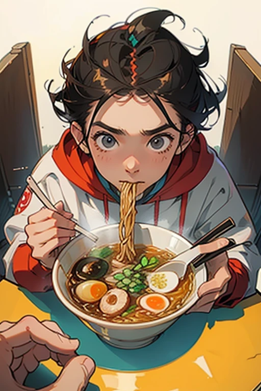 4K, alta qualidade, Jovem comendo ramen, perspectiva, mão segurando pauzinhos, mãos claras, boas mãos,Moletom com capuz de comida,testa,Base da orelha,cabelo castanho escuro,20 anos,levantar franja,