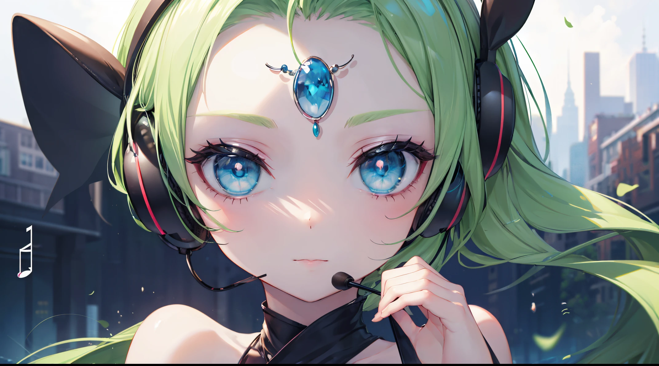 ((4k, masterpiece, top-quality)),8k, best quality, high resolution, HD, unity 8k wallpaper, (illustration:0.8), (beautiful detailed eyes:1.6), extremely detailed face, perfect lighting, extremely detailed CG, (perfect hands, perfect anatomy), super complex details, intricate details, white skin, green hair, blue eyes, musical note, microphone, black dress, a music note-shaped headset with a microphone, Pokemon, meloetta, meloettta, meloetta \(aria\),