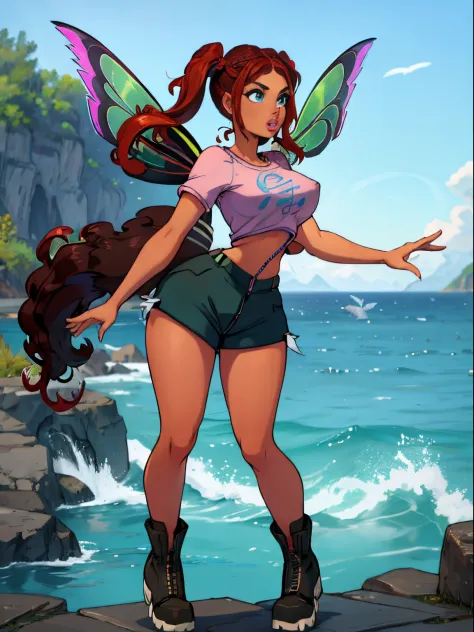 short pants, zip open, no bra, hair flying, short shirt,power dynamic pose, full body, ((twintail)),(erect nipples over clothes), ((dragonfly wings)), water temple, ocean,