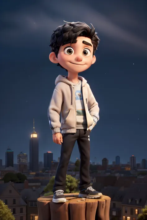 The background is a city, Perfect boy with black hair,hoody, short  hair, greene eyes, super heavy, ssmile, Night Core, Stand on a tree, looking at the stars, Super detailed face，There are blemishes and a little dark circle under the eyes.