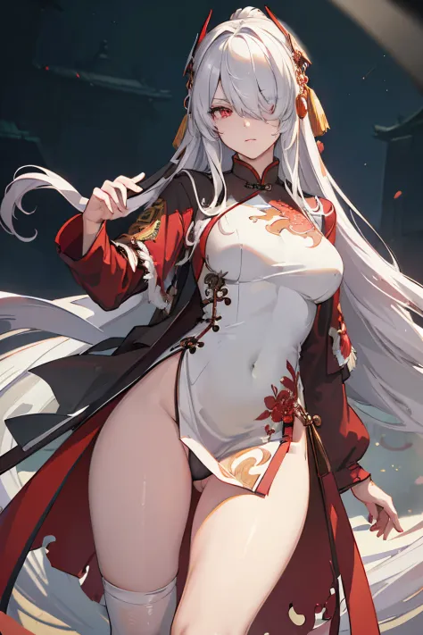 (best quality:1.3), (masterpiece:1.3), (illustration:1.3), (ultra-detailed:1.3), ((Best quality)), 1girl, white hair, (((china dress))), large breasts, red eyes, long hair, hair over one eye, outdoors, Chinese, night, pelvic curtain, close up, ((panties))