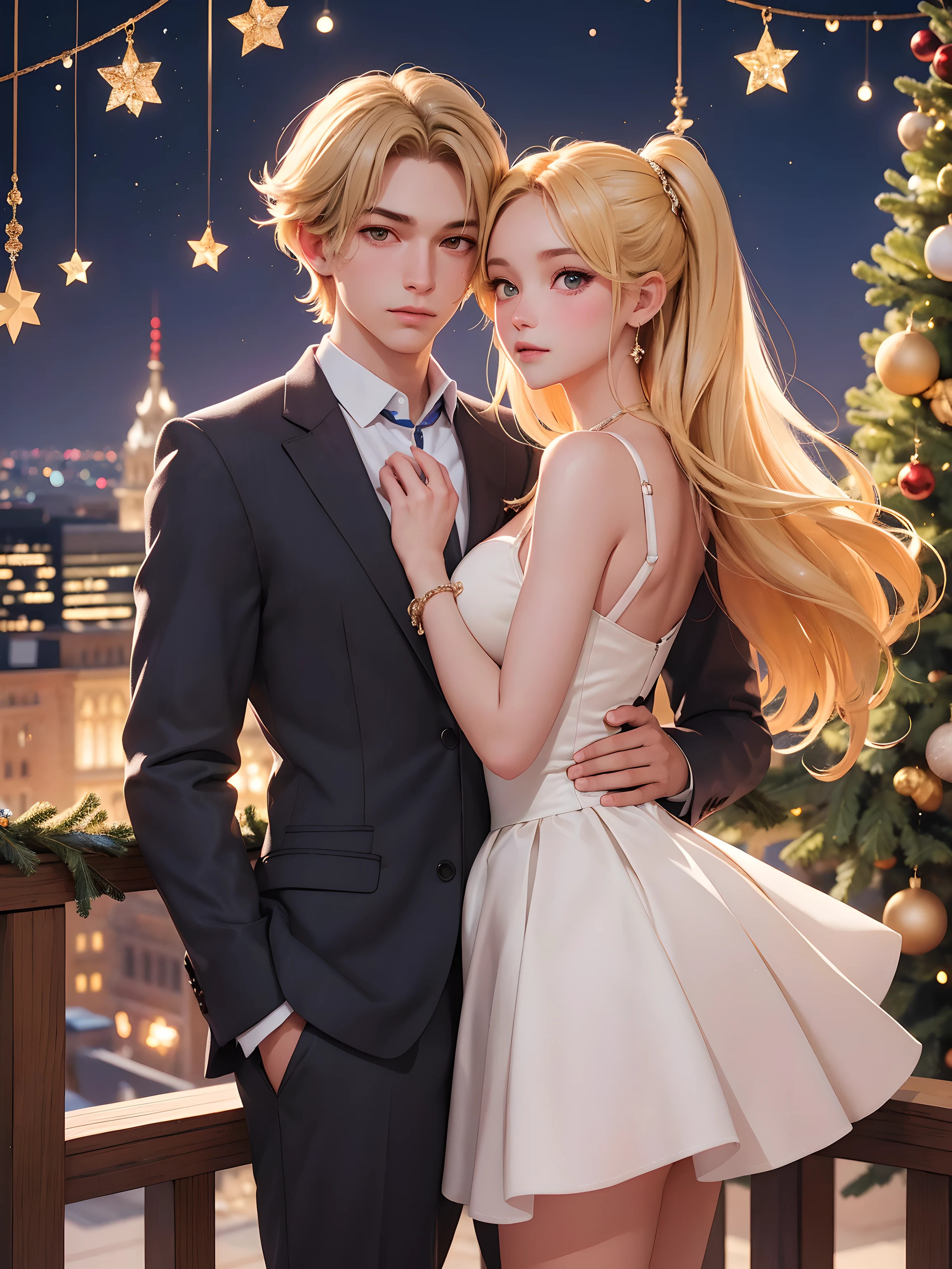 (masterpiece),best quality, ultra detailed, (Absurdres:1.2), create a cute romantic Illustration of a blonde ballet couple in love, Christmas scenery, shimmer, Upper Dynamic Angle, rich picturesque colors, gorgeous digital painting