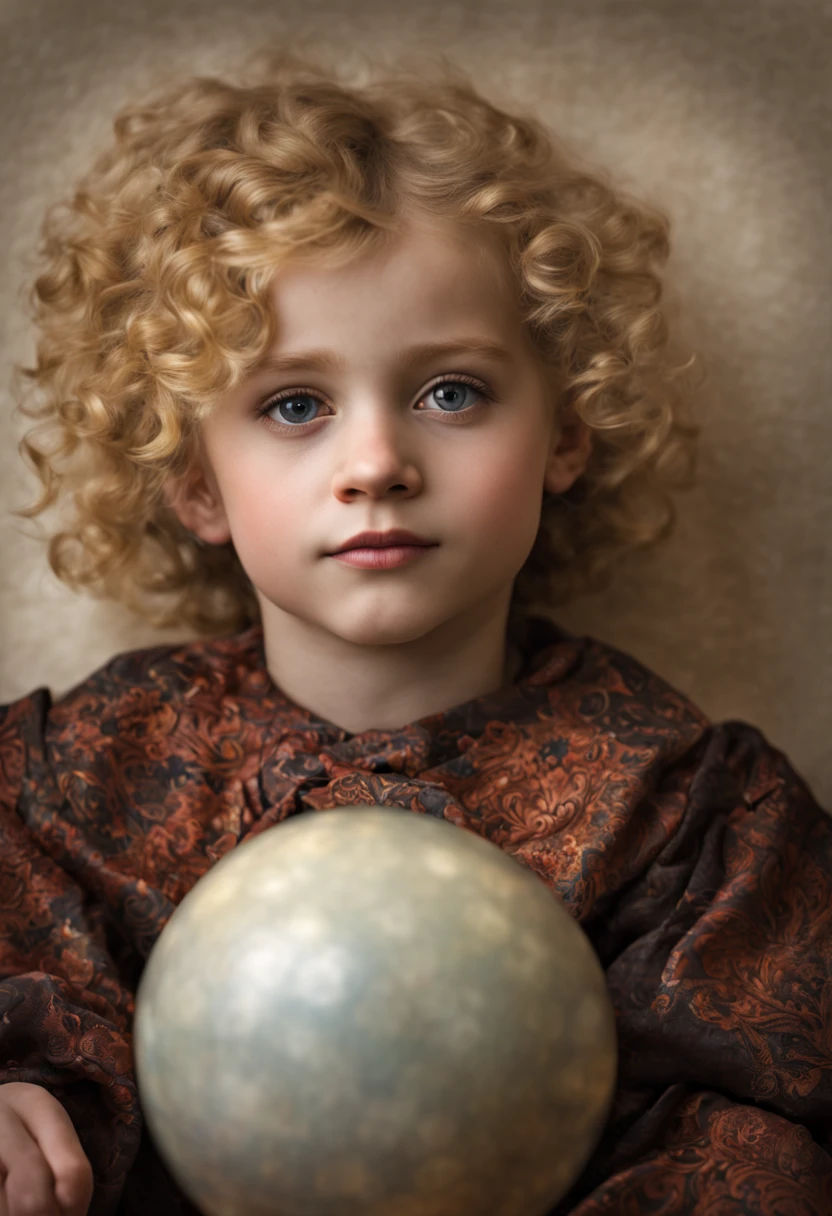 Extrememly realistic wean aged 5 with blonde curly hair recumbent on a carpet with a ball, black mountain college, bloomsbury group, portraiture style of edwardian beauty, layered textures , elegantly formal (Rembrandt Lighting), zeiss lens, ultra realistic, (high detailed skin:1.2), 8k uhd, dslr, Dramatic Rim light, high quality, Fujifilm XT3 HDRI