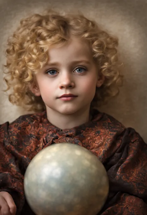 Extrememly realistic wean aged 5 with blonde curly hair recumbent on a carpet with a ball, black mountain college, bloomsbury gr...