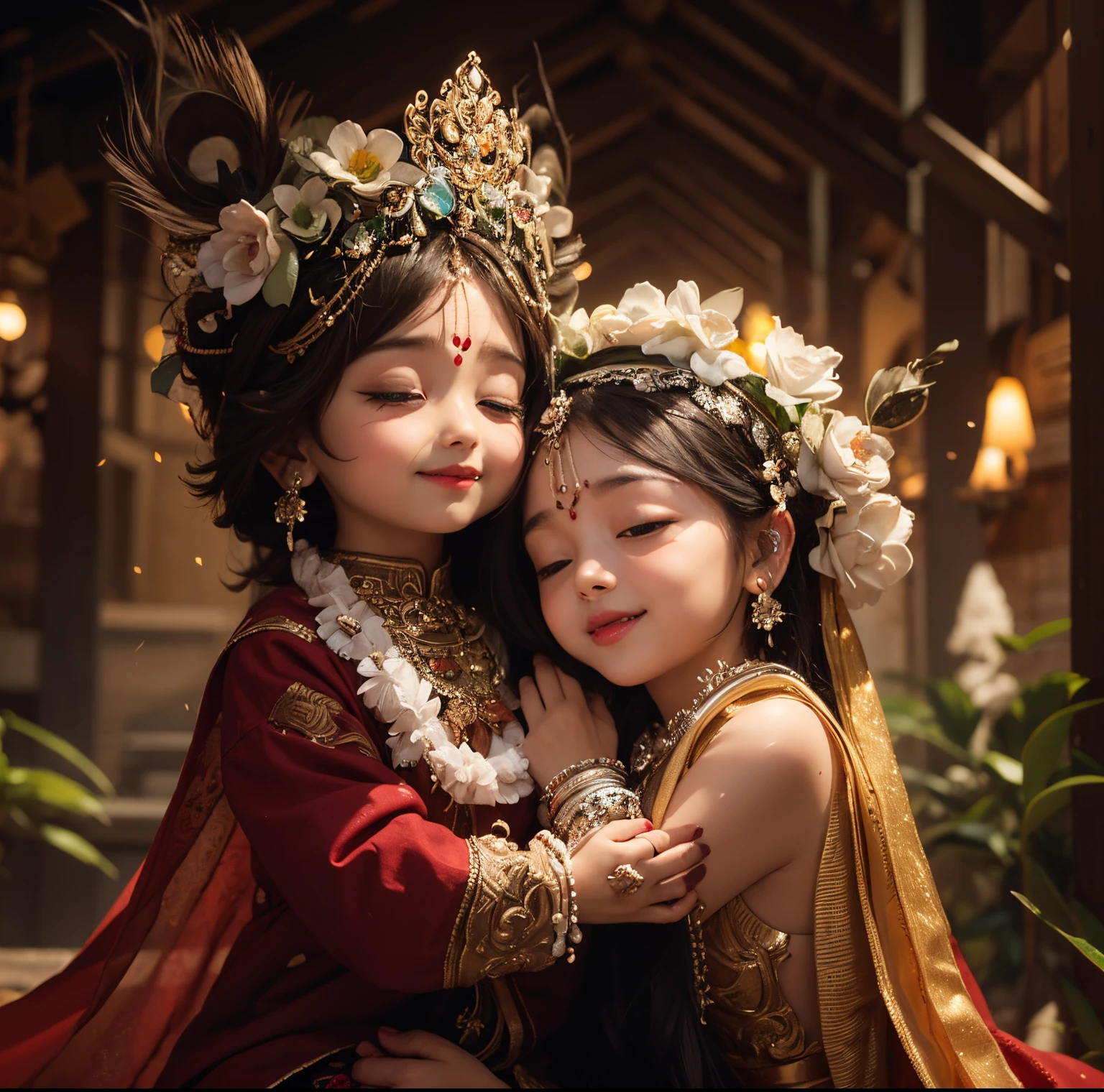Krishna und Radha , Kinderfigur 3 Jahre alt, hintergrund schwarz und weiß berg eis,