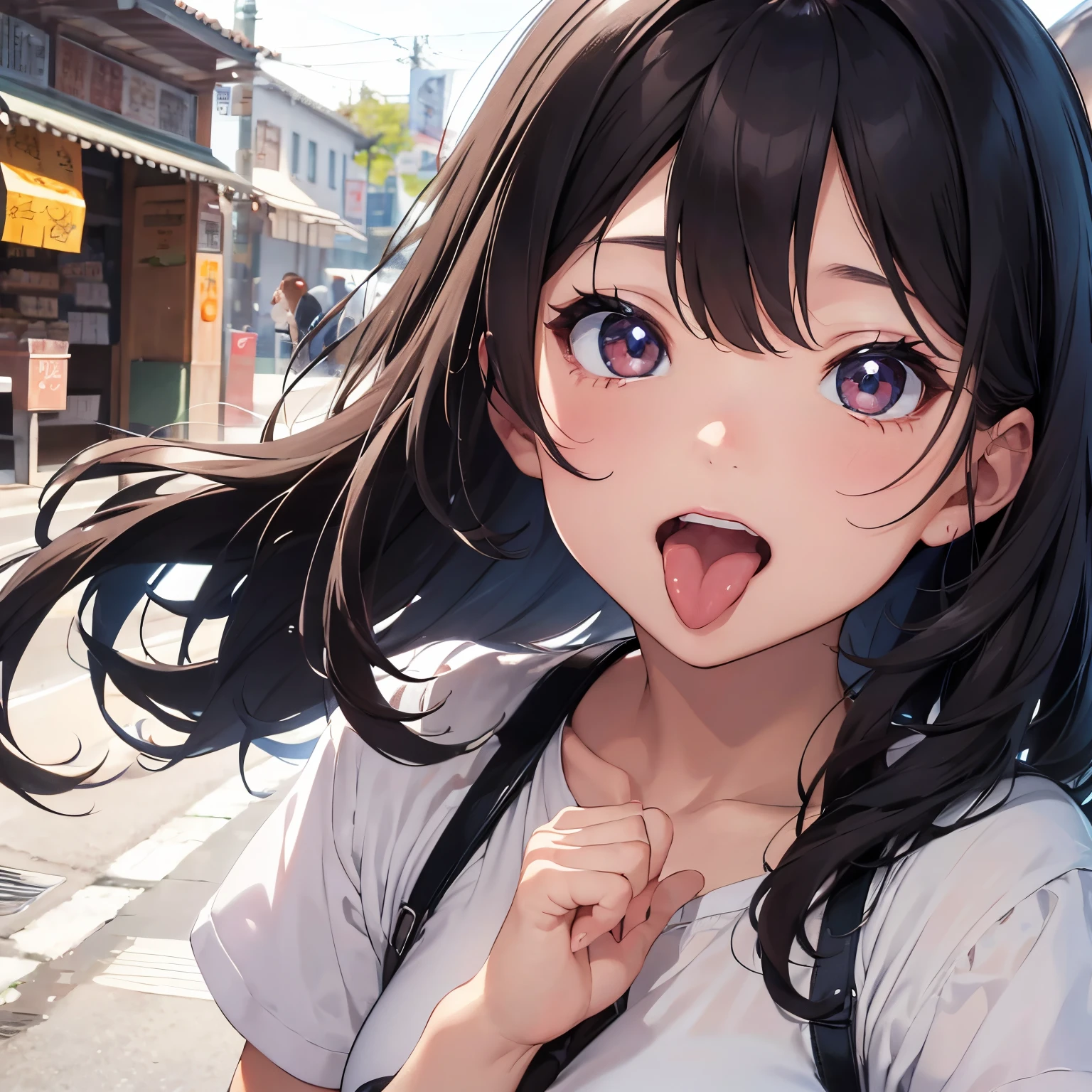 Anime girl with long black hair and blue eyes standing on a street - SeaArt  AI