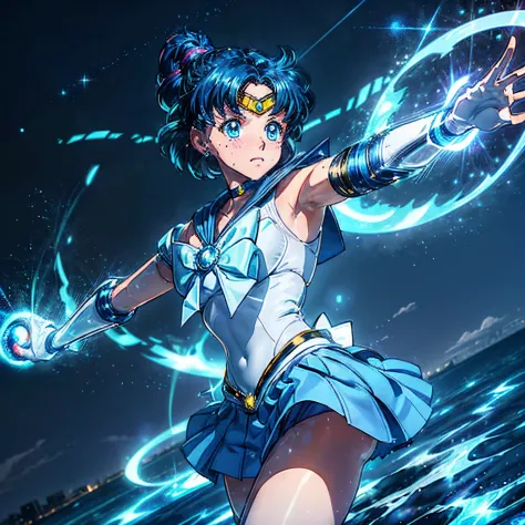 Epic cinematography, (battle in background city) , ((sailor mercury summoning water from her hands, fighting stance, determined ...