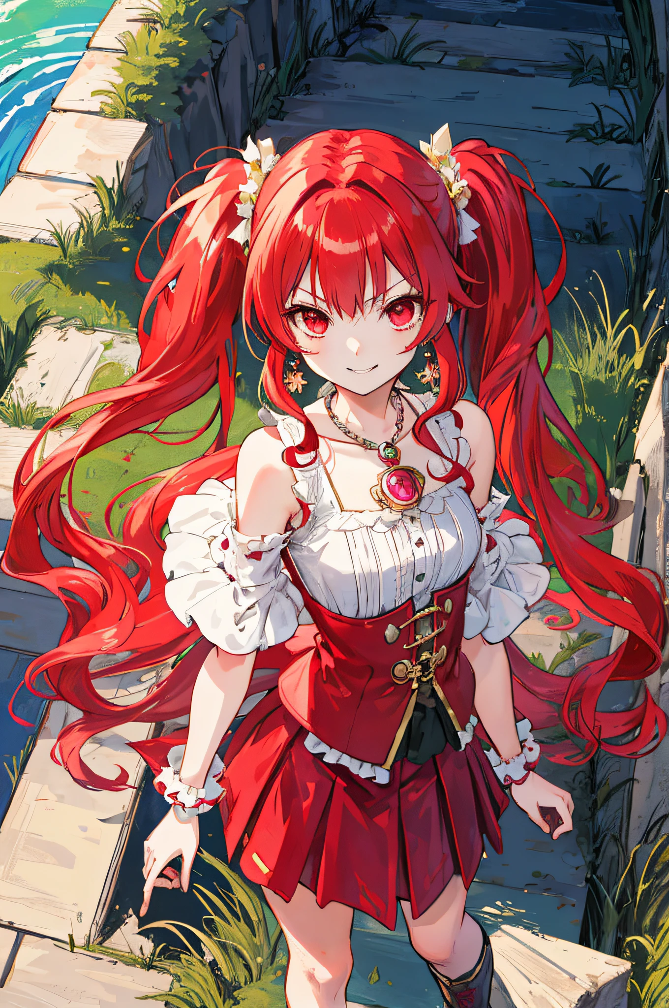 Anime girl with red hair and red dress standing on a stone path - SeaArt AI